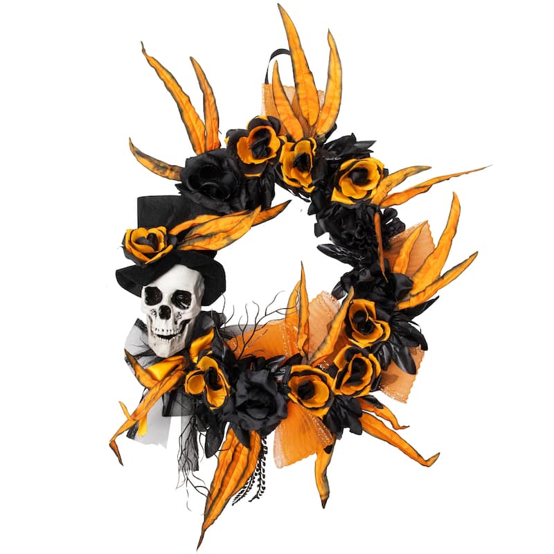 Skull with Black and Orange Roses Halloween Wreath - 14" - Unlit