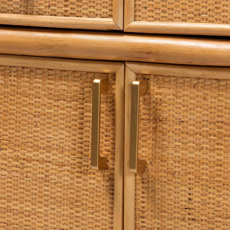 Mairen Arched Natural Rattan Storage Cabinet - Handwoven Pole Rattan Hutch with Two Drawers and Doors, Boho Coastal Cabinet