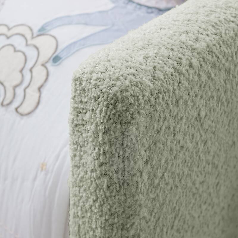 Twin Upholstered Platform Bed with Bunny Ear Headboard, Safety Rail & Pocket in Boucle Fabric