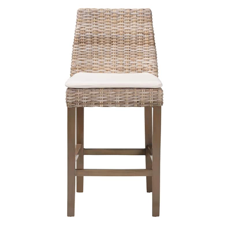 Toby Modern Bohemian Grey Kubu Rattan and Rustic Taupe Finished Mahogany Wood Counter Stool