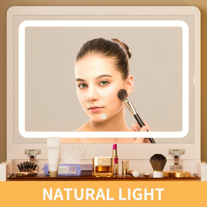 Compact Make-up Vanity Set with Visible Glass Desktop & Mirror, 3 in 1 Dressing Table Desk with Stool & Charging Station