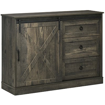 Farmhouse Sideboard Buffet Cabinet, Kitchen Cabinet Coffee Bar Cabinet with Sliding Barn Door and 3 Storage Drawers