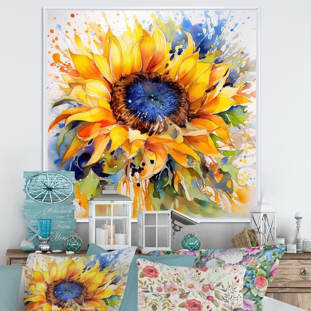 Designart "Yellow Blue Golden Cheerful Sunflowers" Sunflowers Framed Canvas Wall Art