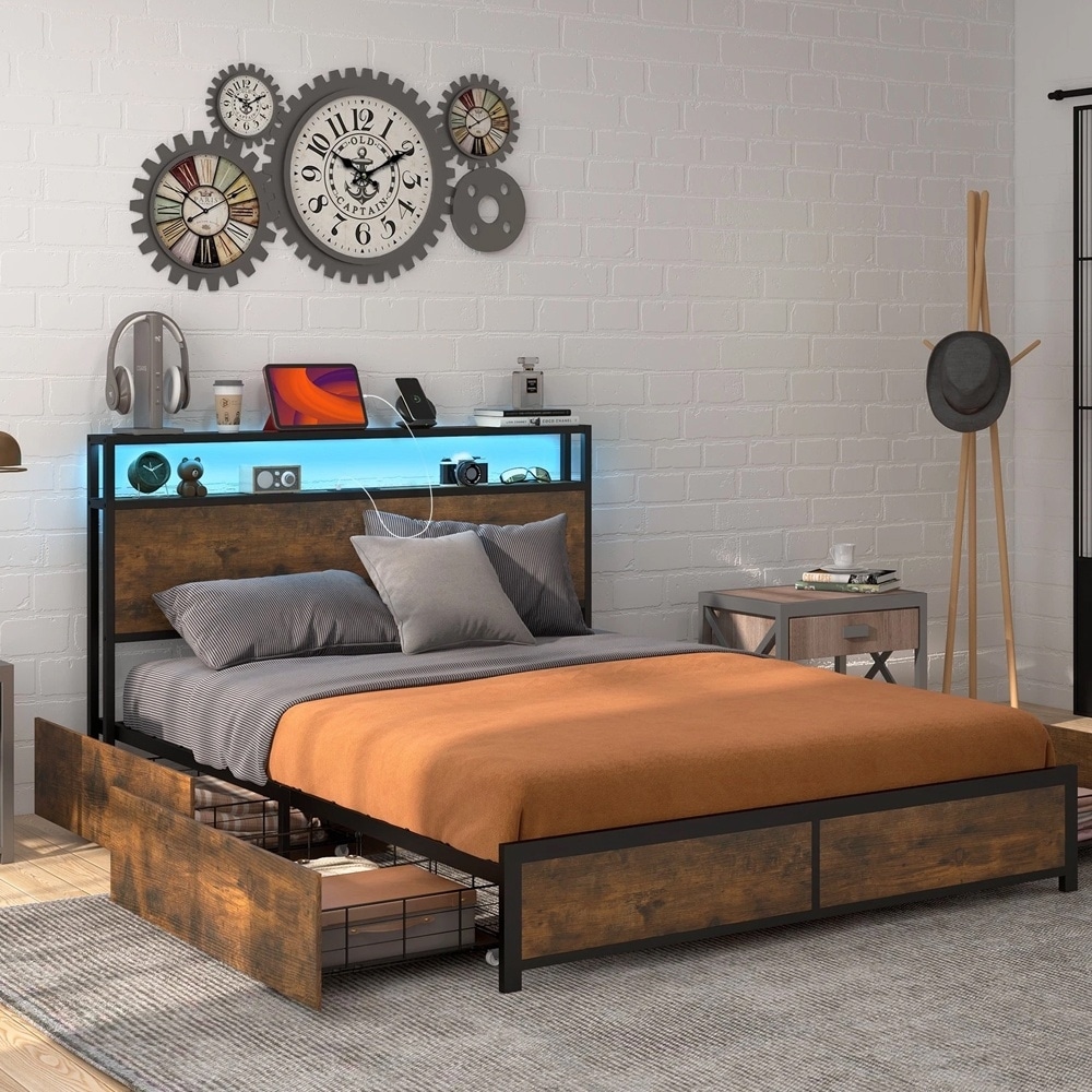 Full Industrial Platform Bed Frame with Storage & LED Lights Headboard