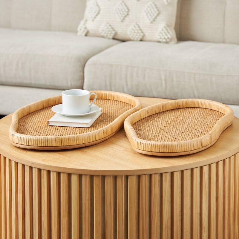 Brown Rattan Handmade Woven Living Room Decor Tray (Set of 2) - 12"W x 21"L x 2"H