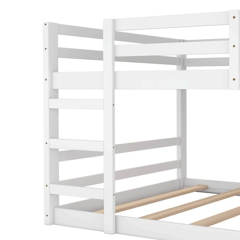 Multi-Functional Bunk Bed with 2 Built-in Ladder, Solid Wood Bed Frame, Low Bunk Beds with Safety Guardrail for Kids Boys Girls