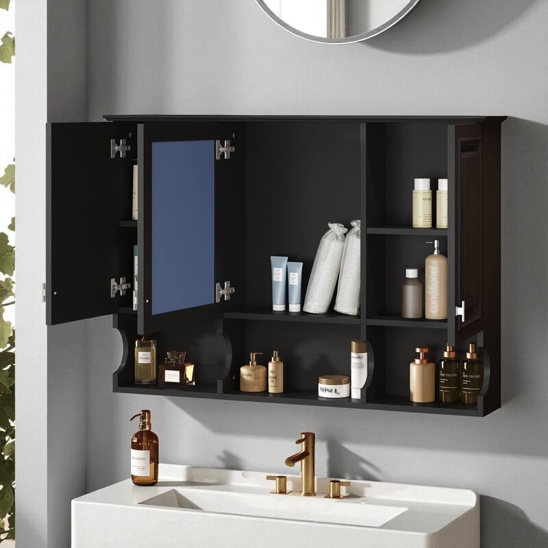 41" Wall Mounted Mirror Medicine Cabinet with Adjustable Shelves, Solid Wood Frame, Bathroom Storage Over Toilet