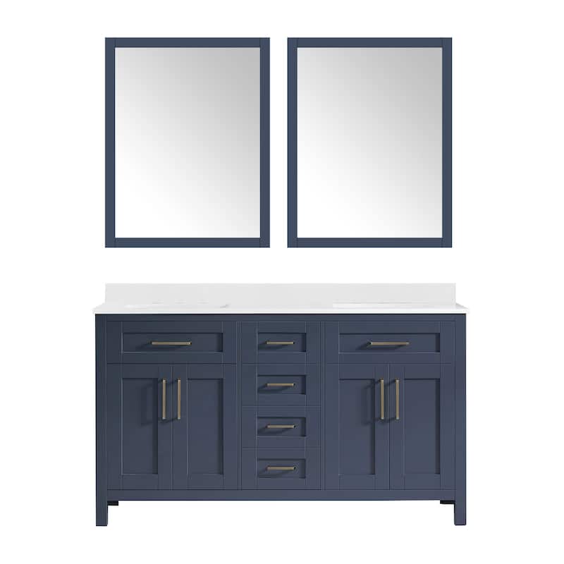 OVE Decors Tahoe 60 in Midnight Blue Double Sink Vanity with White Cultured Marble Top and Mirrors