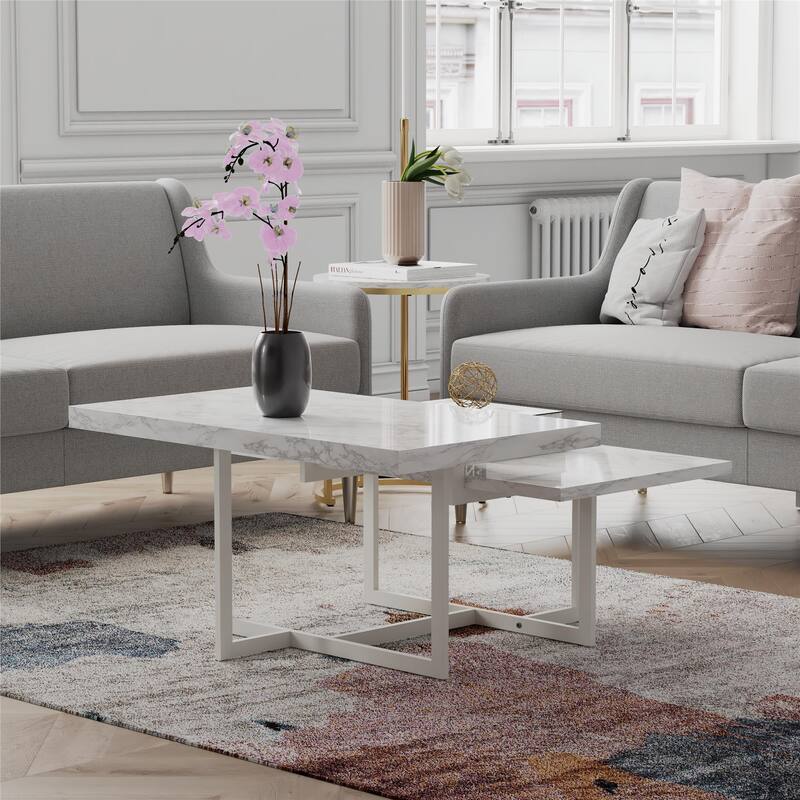 Roomfitters Brielle Two-Tier Coffee Table with Faux Marble Top and Metal Frame, White - White Marble