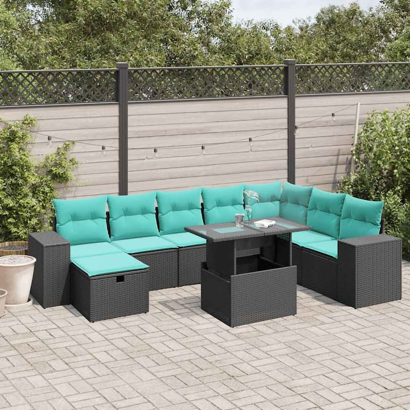 vidaXL Patio Sofa Set with Cushions Sectional Couches 9 Piece Poly Rattan - 24.4 x 24.4 x 27.2 - Black