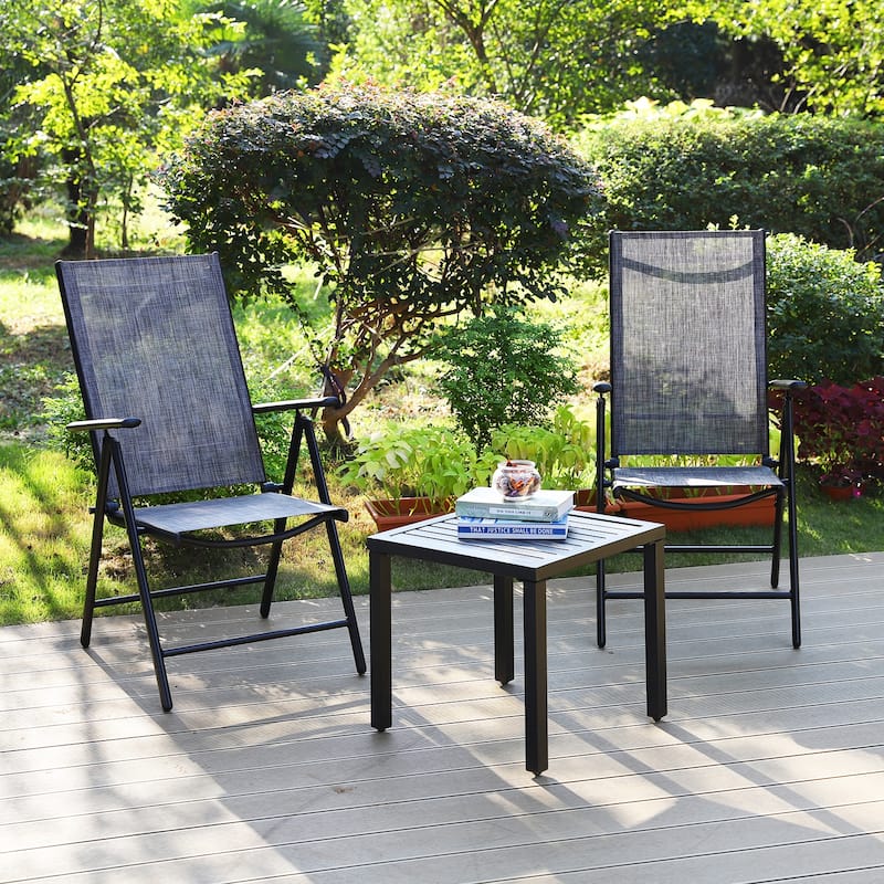 3-Piece Metal Patio Bistro Set, 1 Square Table and 2 Folding Sling Chairs - Grey