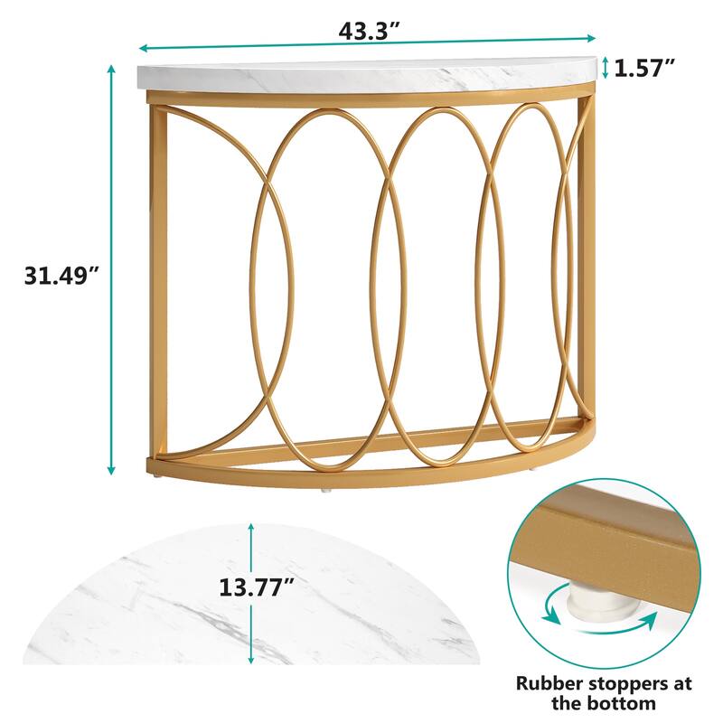 Half Moon Console Table for Entryway, 43 Inch Sofa Table with Faux Marble Top, White and Gold Accent Table