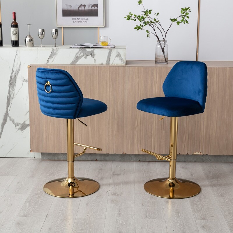 Modern Adjustable Swivel Bar Stools Chair Velvet Upholstered Blue