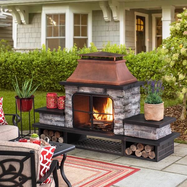 Shop Sunjoy Bel Aire Wood Burning Fireplace Black Overstock