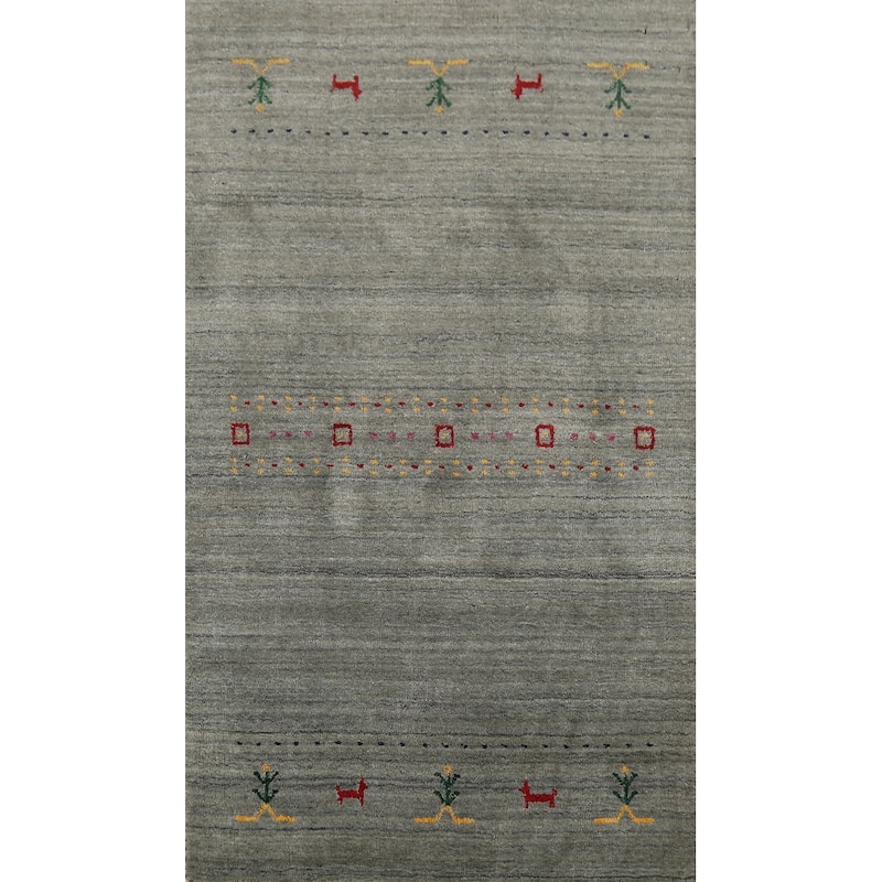 Grays & Green Striped Gabbeh Indian Rug Hand-Knotted Wool Carpet - 2'7"x 4'9"