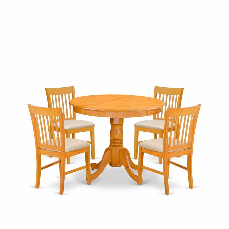 East West Furniture 5 Piece Dining Room Furniture Set- A Round Dining Table and 4 kitchen Chairs, Oak (Seat Options)
