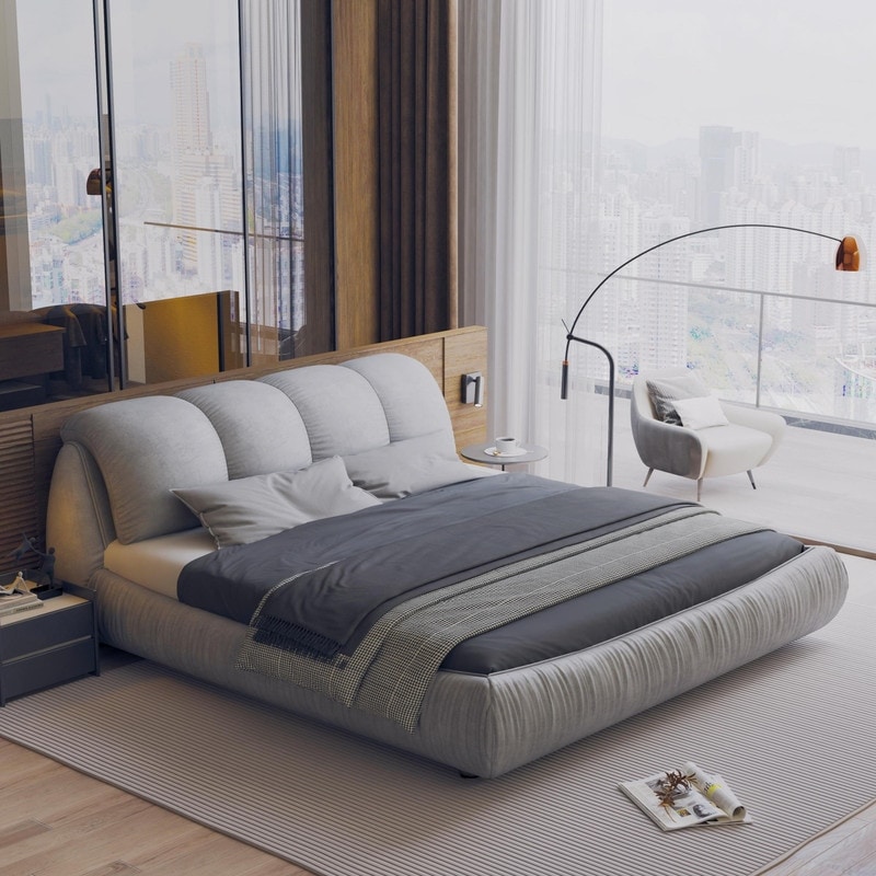 Queen/King Size Upholstered Platform Bed with Oversized Padded Backrest, Modern Bed Frame with Thickening Pinewooden Slats