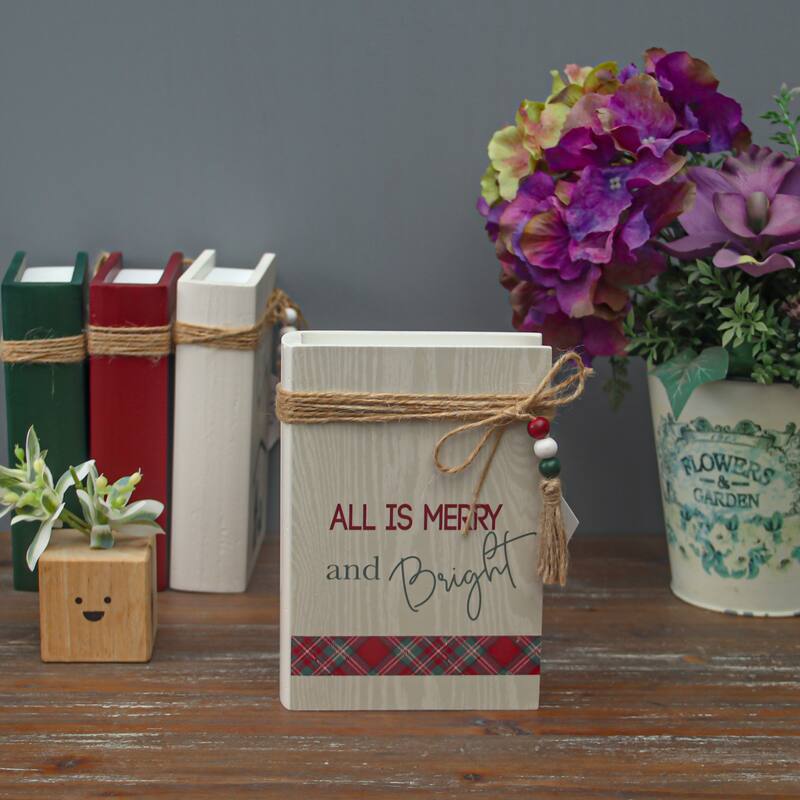 Christmas Wood Faux Books Decorative Sign with Twine and Wood Beads, Decorative Books