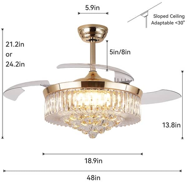 dimension image slide 0 of 4, Kviflon 48'' Crystal Ceiling Fan with Lights and Remote 6 Speed, 3 Light Change Retractable Blades Chandelier Ceiling Fan