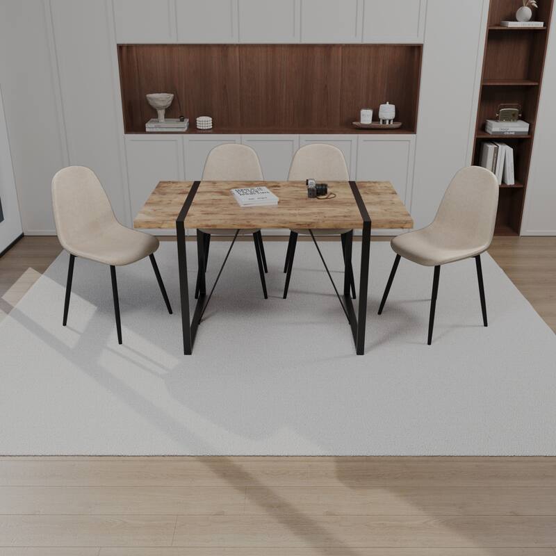 Modern Style 5-Piece Dining Set with Rectangular MDF Dark Wood Table and 4 Round Corner Suede Dining Chairs