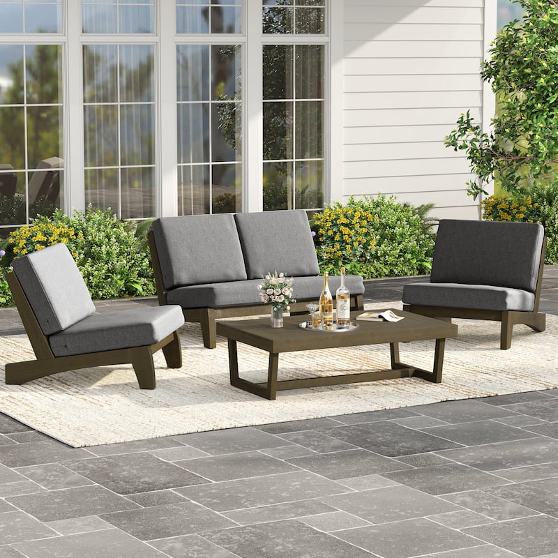 4Piece Wood Outdoor Loveseat Chair Conversation Set with Table Cushion
