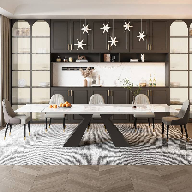 9 - Piece 110.24'' Extendable Sintered Stone Dining Table and 8 Leather Chairs Dining Set