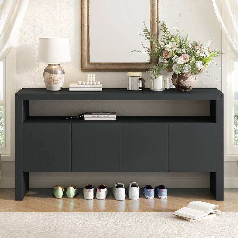 4-Door Sideboard, Modern Minimalist Solid Wood Veneer Sideboard with Open Shelf