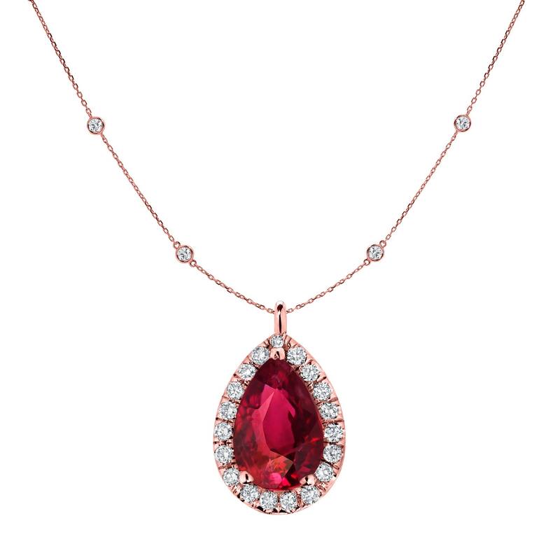 Auriya 14k Gold 1ct Pear-cut Ruby and Halo Diamond Chain Station Necklace 1 3/5ct TDW - Rose