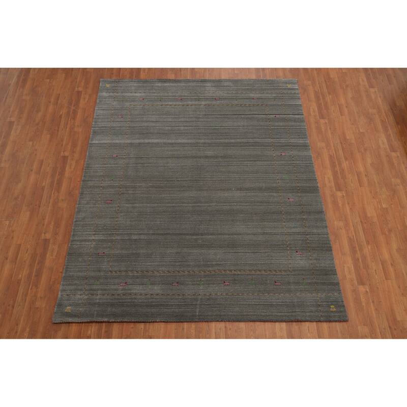 Hand Knotted Oriental 100% Wool Carpet Tribal Animal Pictorial Greys & Charcoal Gabbeh Area Rug - 9' 9'' X 7' 11''
