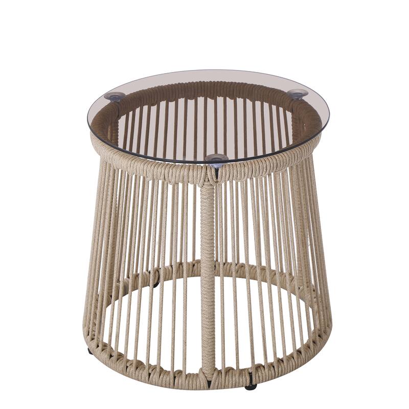 Roomfitters Moonstone Outdoor Woven Rope Side Table with Tempered Glass Top, Modern Drum Design, Light Brown - Light Brown
