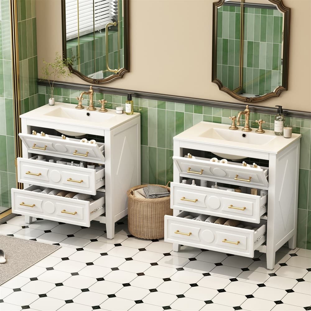 60" Bathroom Vanity Set with Ceramic Sink (Separate), Solid Wood Bathroom Storage Cabinet