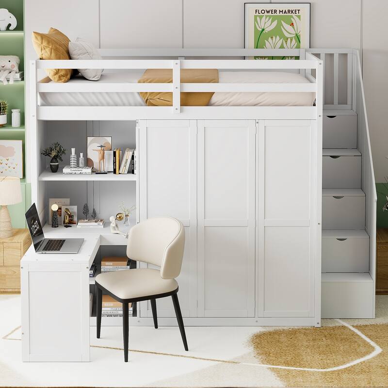 White Full Size Loft Bed with Wardrobe, Desk and Shelves - Space Saving Modern Furniture