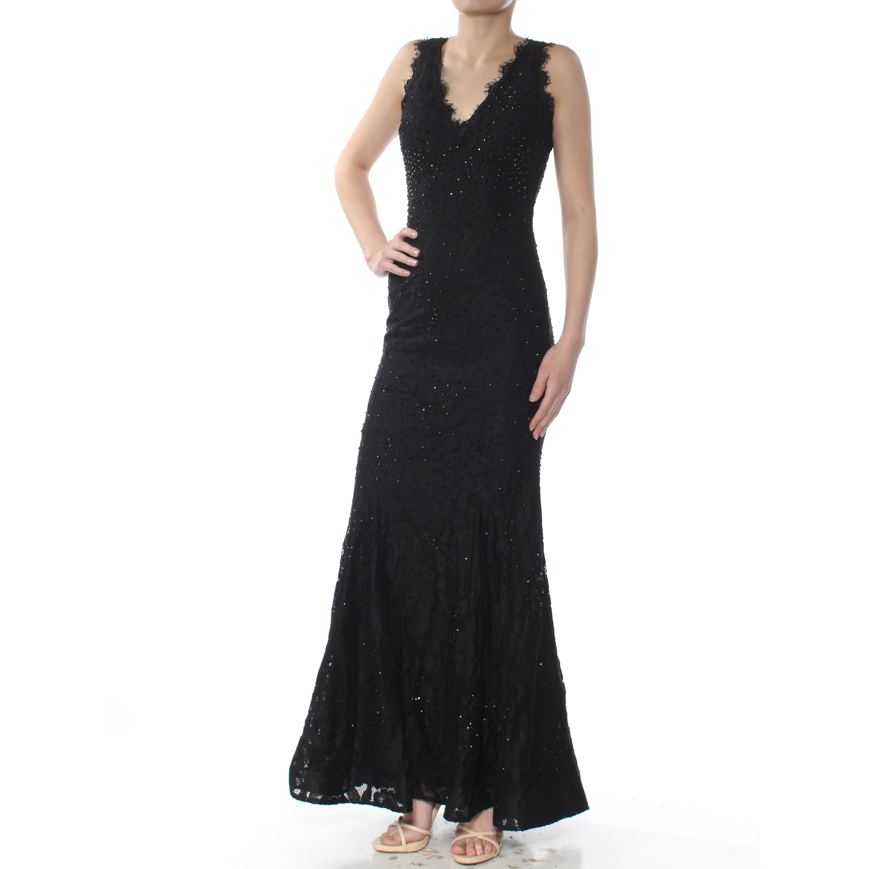 betsy & adam embellished lace mermaid gown