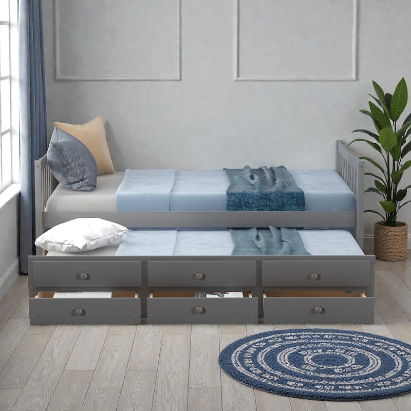 Daybed with Trundle and 3 Drawers, Solid Wood Twin/Full Daybed with Storage, Space-Saving Guest Bed