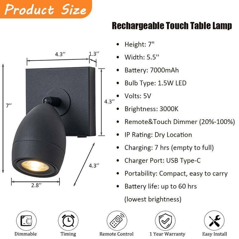 Modern Black Cordless USB-C Rechargeable LED Spotlight with Touch Remote Control Adjustable and Stepless Dimmable Accent Light