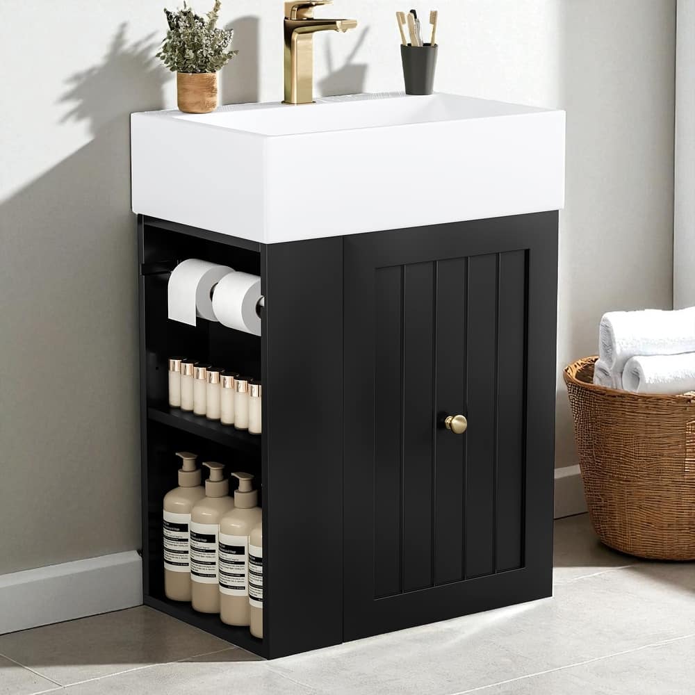 20 Inch Wall Mounted Bathroom Vanity with Ceramic Sink, MDF Floating Cabinet with Drawer and Side Shelf