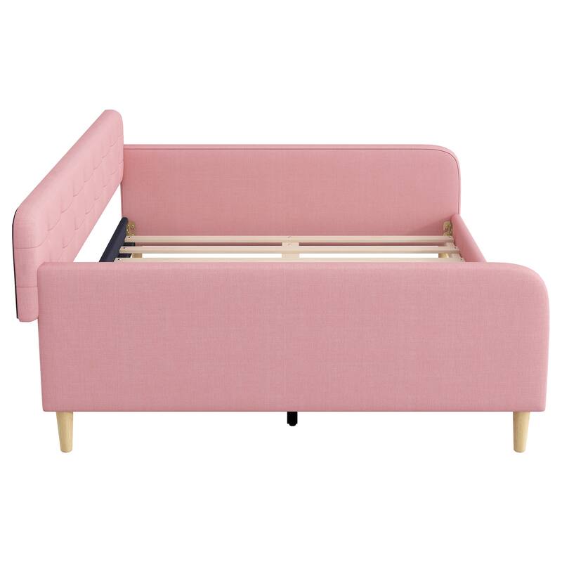 Tufted Upholstered Daybed with 4 Solid Pine Legs, Linen Fabric Sofa Bed Frame, Wooden Slat Support, Easy Assemble