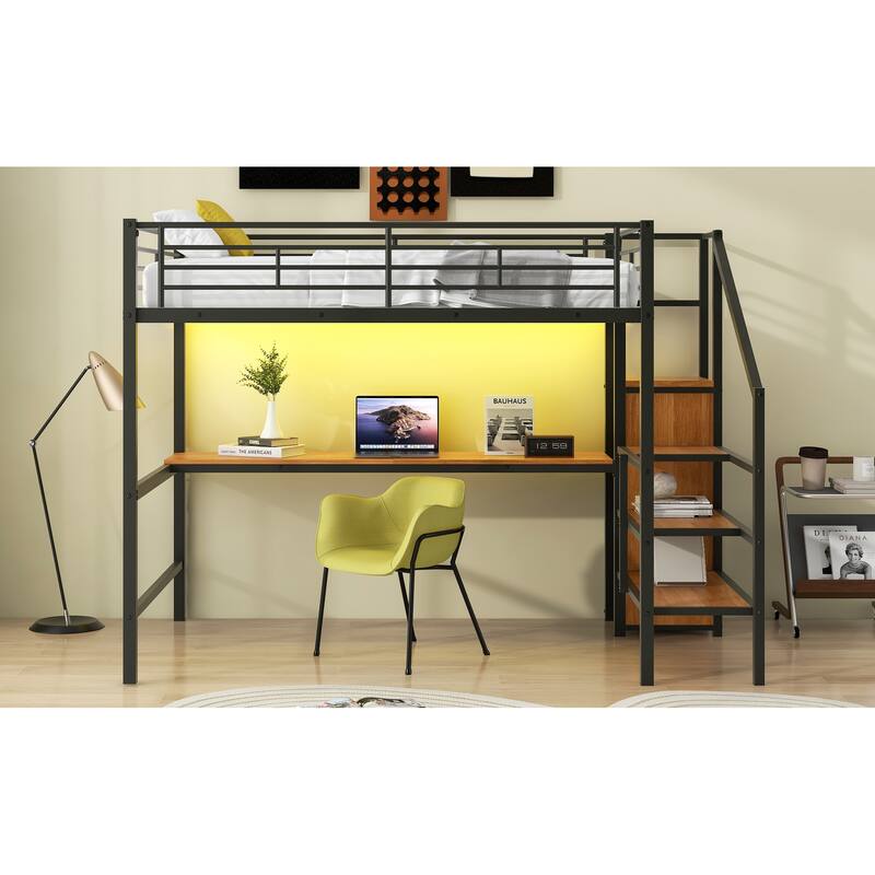 Full Size Metal Loft Bed with Desk, Storage Staircase, Small Wardrobe, and LED Light