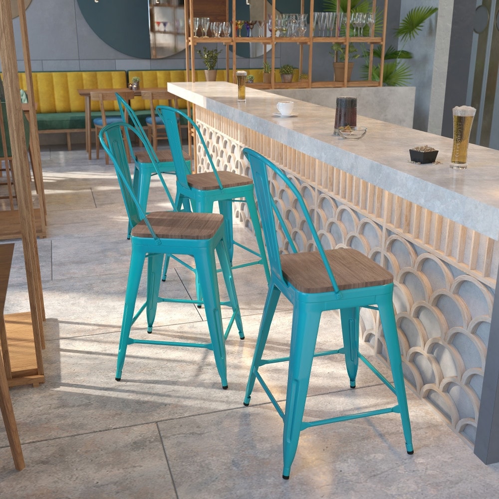 4 Pk. 24" High Metal Counter Height Stool with Back and Wood Seat - 17.75"W x 22"D x 40.25"H - 17.75"W x 22"D x 40.25"H