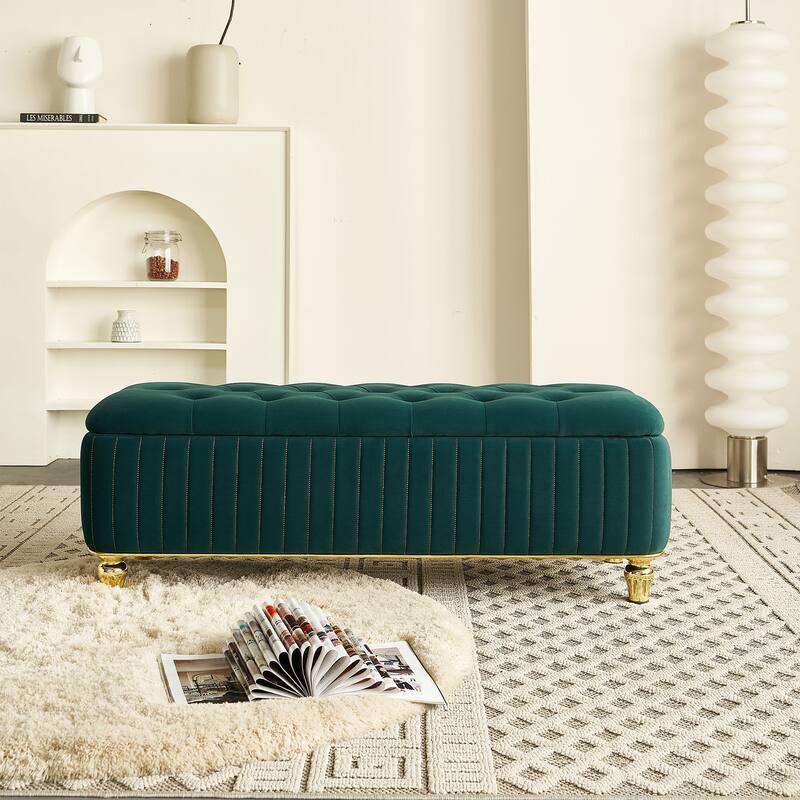 Velvet Fabric Storage Ottoman, Upholstered Button Tufted Storage Bench, End of Bed Bench with Safety Hinge & Metal Legs