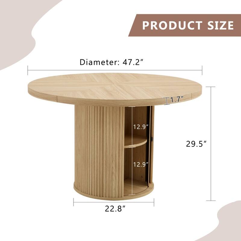 ‌47.2" Round Wood-Grain Dining Table - Double-Tier Storage & Roman Column Base, Timeless Elegance‌.