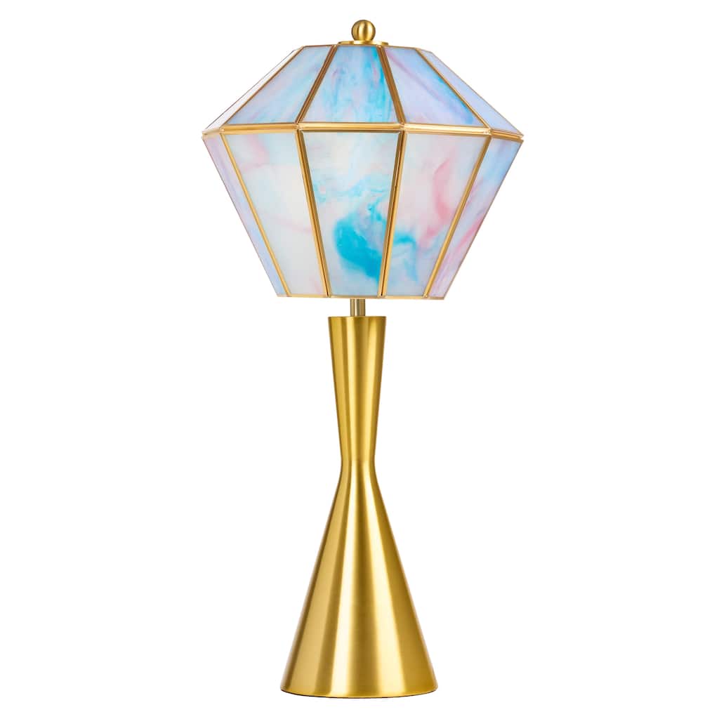 Pearce River of Goods Gold Metal and Blue Glass Diamond Shade 21-Inch Table Lamp - 10.125" x 10.125" x 21"