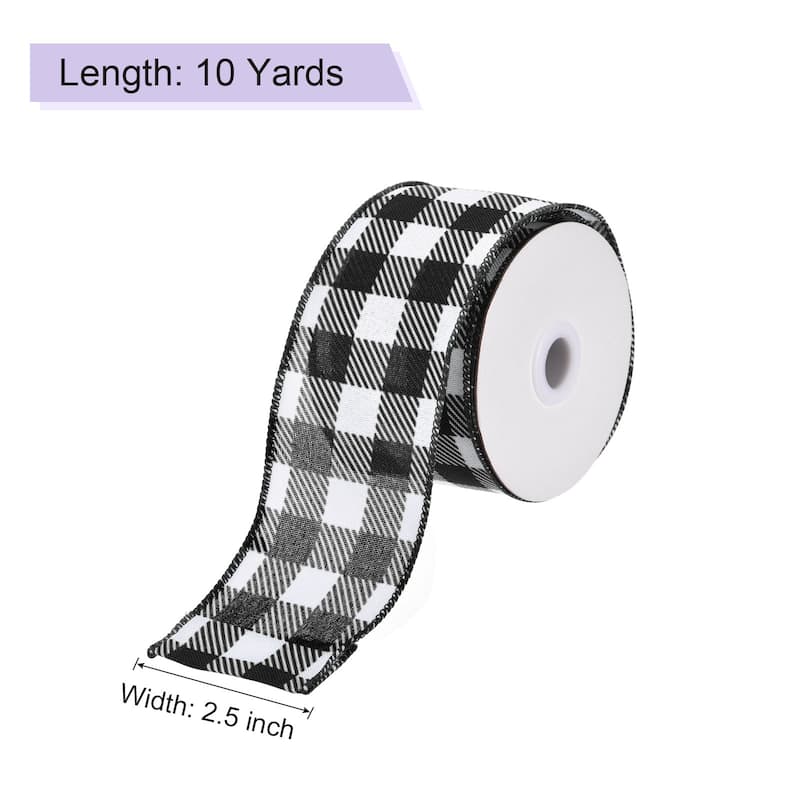 Plaid Check Ribbon, Wired Edge Gingham Ribbon for Gift Wrapping, Christmas Decoration - Black - 2.5 Inch x 10 Yards