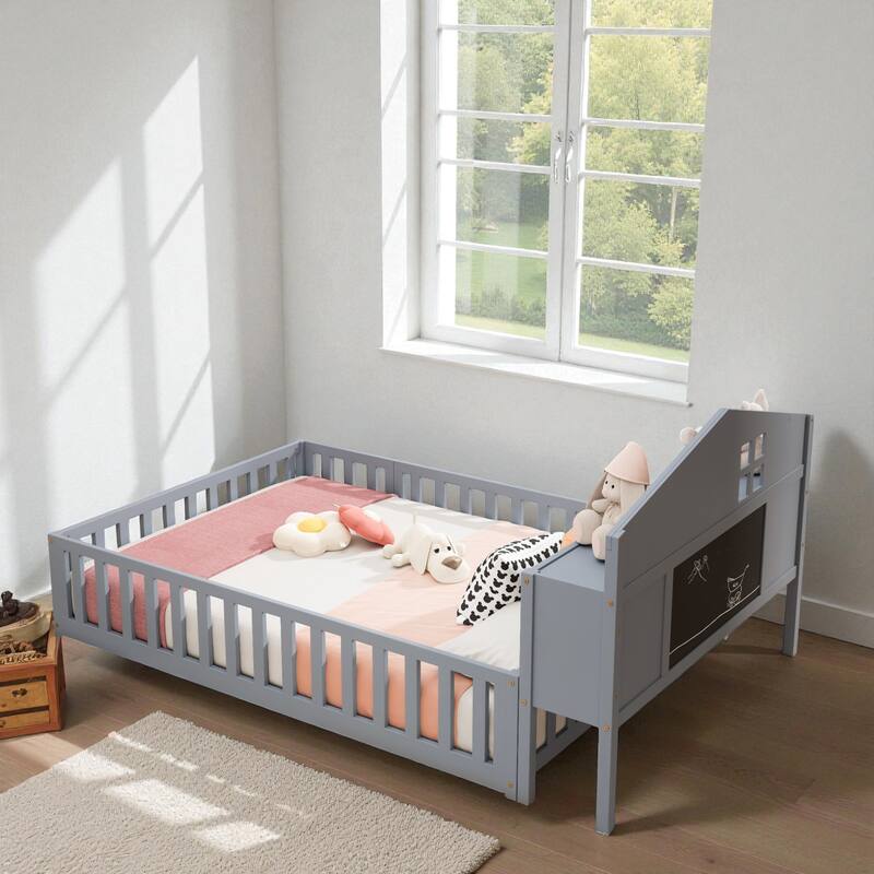 Full Size Montessori Floor Bed with Guard Rails, Bookcase Headboard & Blackboard, Solid Wood Platform Bed for Kids