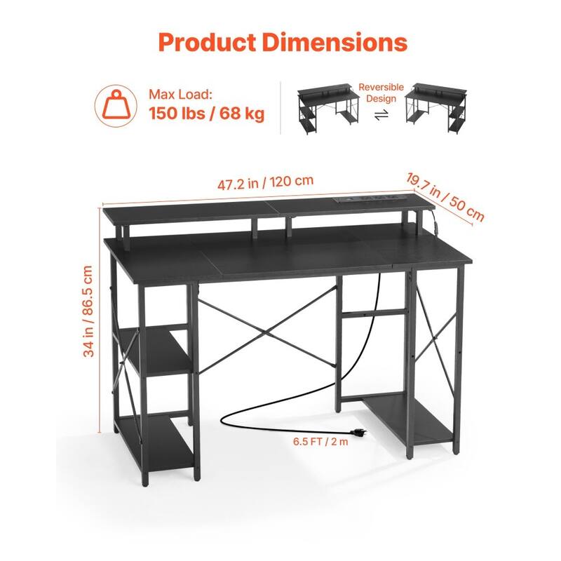 47" Black Computer Desk with RGB Lighting and Built-In Power Strip USB Ports Adjustable Storage Shelf