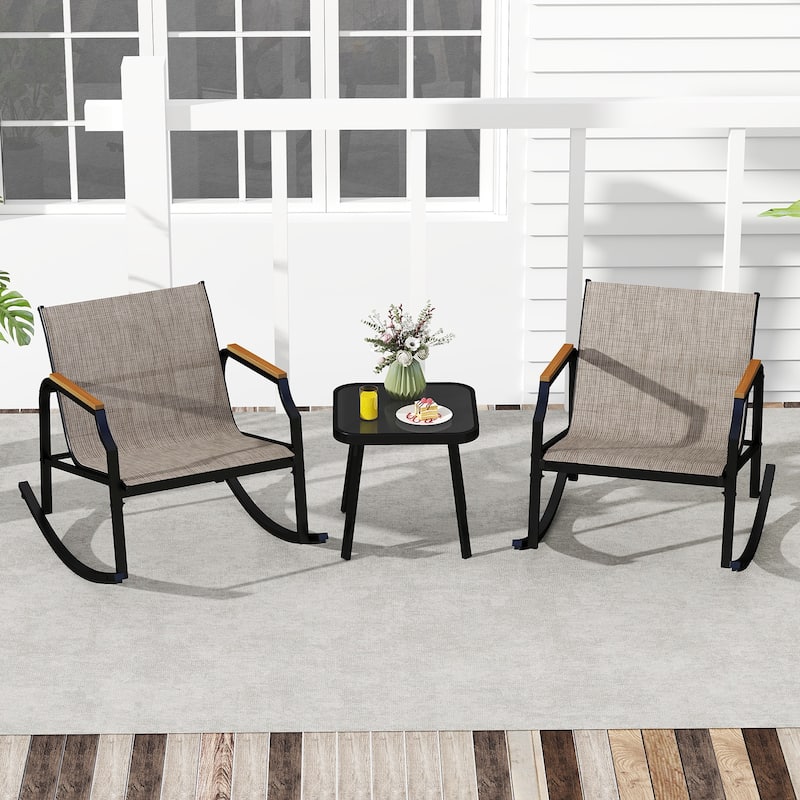 3 Piece Black-Brown Outdoor Rocking Chair Set with Coffee Table and Ergonomic Metal Frame Chairs - 35" x 27" x 29"