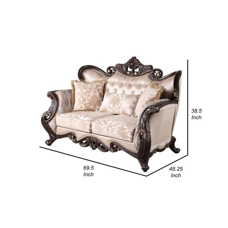 Cona 70 Inch Loveseat, Gold Carved Details, Brown, Button Tufted Beige