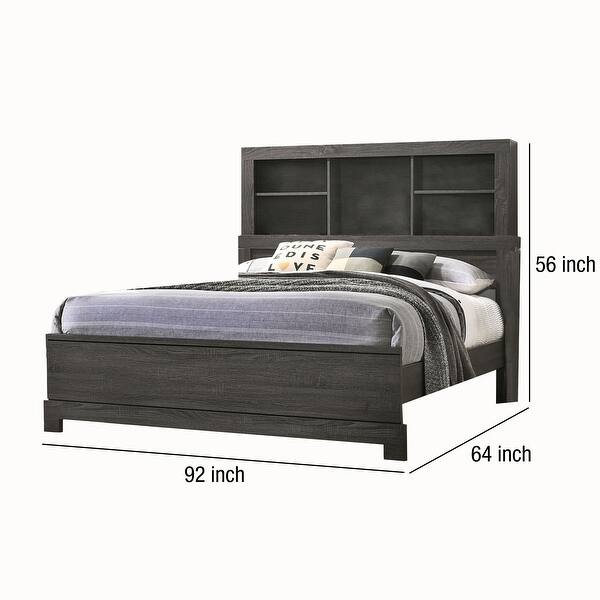 Wooden Queen Size Low Profile Size Bed with Bookcase Headboard, Gray