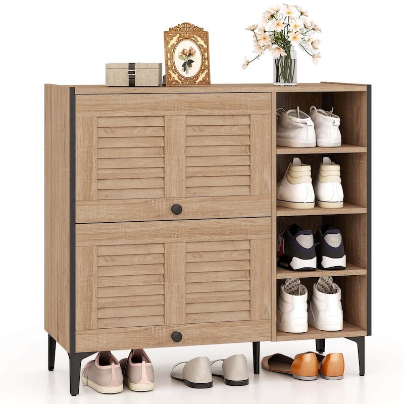 Freestanding Wood Shoe Cabinet Storage w/Flip & Slide Doors - Oak