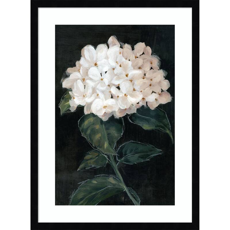 White Blossoms on Dark Canvas No. 1 by Alex Black Wood Framed Wall Art Print